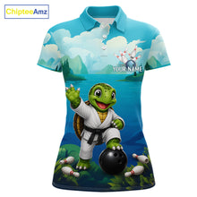 Load image into Gallery viewer, Women's bowling polo featuring funny ocean turtle with bowling graphics, personalized bowling apparel for sea turtle lovers, beach lovers and marine wildlife enthusiasts, symbolizing longevity, patience, wisdom and protection.