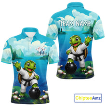 Load image into Gallery viewer, Men's bowling polo featuring funny ocean turtle with bowling graphics, personalized bowling apparel for sea turtle lovers, scuba divers, beach lovers and marine wildlife enthusiasts, symbolizing wisdom, longevity, patience and perseverance.