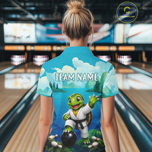Load image into Gallery viewer, Female bowler wearing sea turtle bowling jersey during league play, personalized athletic apparel representing calmness, patience and determination.