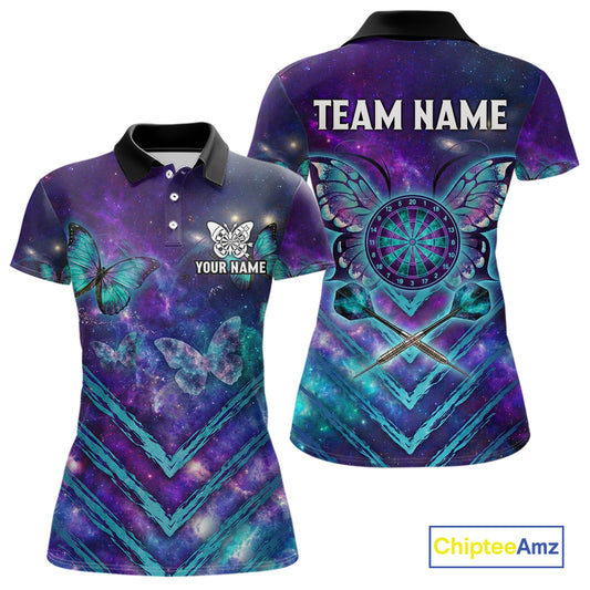 Blue Purple Galaxy Darts Polo & 1/4-Zip Shirt For Women Personalized Butterfly Dart Team Appeal NYN3010