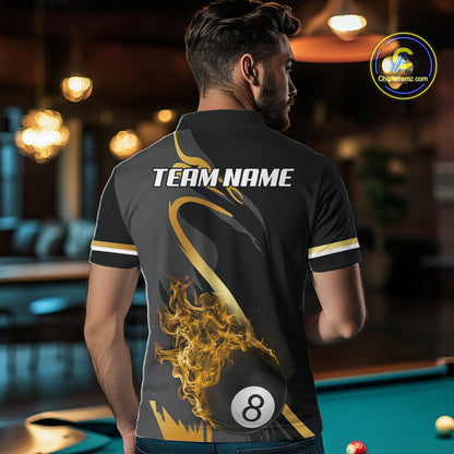 Yellow & Black Fire Flame 8 Ball Pool Billiard Shirt For Men Personalized Billiard Team Attire NYN3427