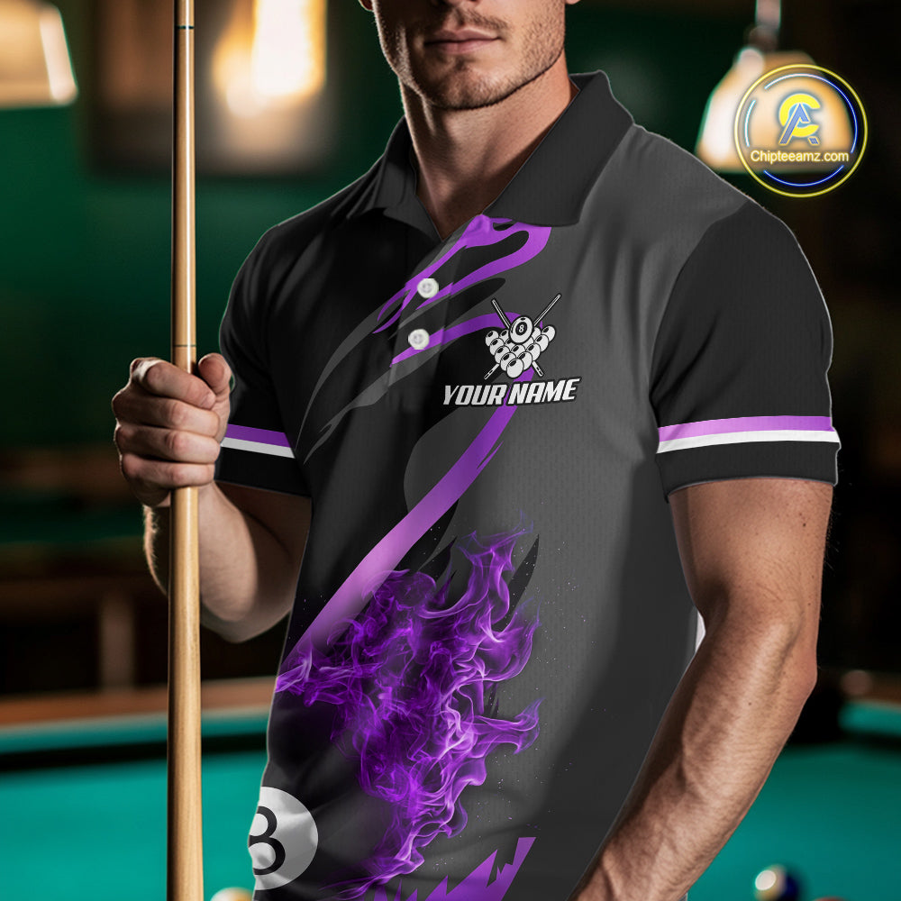 Purple & Black Fire Flame 8 Ball Pool Billiard Shirt For Men Personalized Billiard Team Attire NYN3428