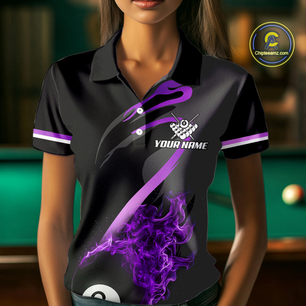Purple & Black Fire Flame 8 Ball Pool Billiard Shirt For Women Personalized Billiard Team Attire NYN3428