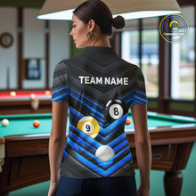 Load image into Gallery viewer, Female model wearing Black Blue pool polo jersey, personalized billiard apparel, cue sports tournament clothing, league team outfit