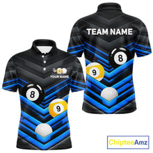 Load image into Gallery viewer, Black Blue men's pool tournament polo jersey featuring 8 Ball 9 Ball graphics, custom billiards team apparel, cue sport championship uniform