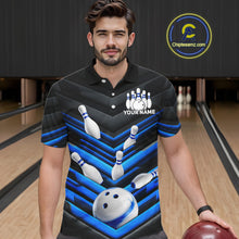 Load image into Gallery viewer, Male model wearing Black and Blue custom bowling polo, professional bowling tournament jersey, USBC league apparel, bowling club uniform, personalized team shirt, athletic performance clothing, champion-inspired sportswear