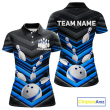 Load image into Gallery viewer, Black and Blue women's bowling polo shirt featuring modern bowling ball graphics, custom bowling team jersey, personalized league uniform, moisture-wicking performance apparel, USBC tournament shirt, championship bowling outfit, athletic team polo, strike game apparel