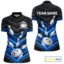 Load image into Gallery viewer, Black and Blue women's quarter-zip bowling jersey featuring dynamic bowling ball artwork, custom bowling tournament shirt, league apparel, performance athletic top, personalized bowling team uniform, competitive sports polo, victory-inspired design