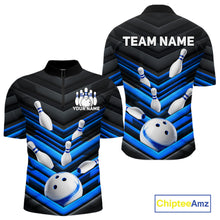 Load image into Gallery viewer, Black and Blue men's quarter-zip bowling shirt with premium bowling graphics, personalized bowling team jersey, custom tournament apparel, bowling league uniform, athletic performance wear, championship-ready bowling polo