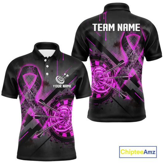 Lightning Pink Ribbon men's darts polo with dartboard and pink ribbon graphics, custom awareness darts jersey, charity league apparel, tournament team shirt, personalized performance uniform
