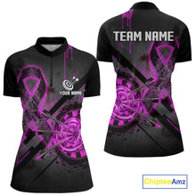 Load image into Gallery viewer, Lightning Pink Ribbon women's quarter-zip darts jersey supporting Breast Cancer Awareness, personalized charity tournament shirt, awareness league apparel, lightweight performance darts clothing