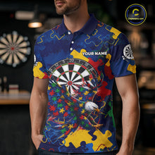 Load image into Gallery viewer, Male model wearing Personalized Eagle Puzzle darts polo, custom name tournament jersey, awareness-inspired league apparel, premium sportswear