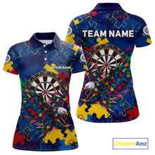 Load image into Gallery viewer, Personalized Eagle Puzzle Pieces women's darts polo featuring dartboard artwork, custom name jersey, autism awareness-inspired league apparel, personalized tournament performance clothing