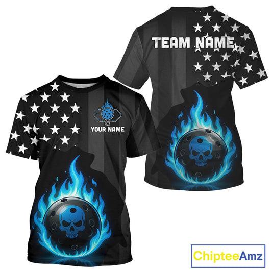 Custom Blue Flames Pickleball Ball 3D League Jerseys Men Pickleball US Flag Team Shirts NYN2146