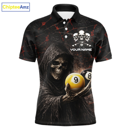 Red Grunge Grim Reaper Hold 8 Ball & 9 Ball Pool Men Billiard Shirt Custom Billiard Team Attire NYN2639