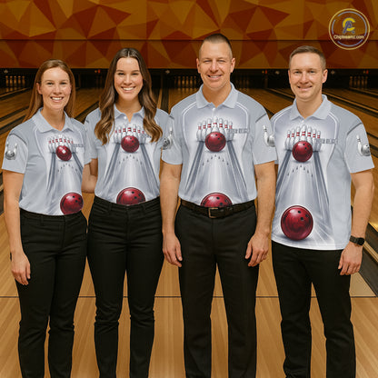 Silver And Red Bowling Custom Bowling Polo & Quarter Zip Team Shirts, Women Bowling Outfit Jersey NYN3021