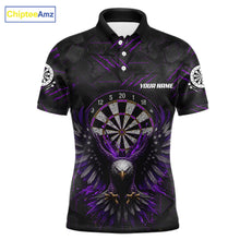 Load image into Gallery viewer, Purple Grunge Eagle Men's Darts Polo Shirt Mockup, Professional Eagle Dart Team Jersey, Personalized Tournament Uniform