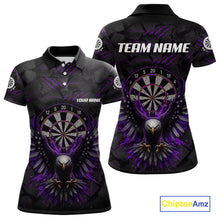 Load image into Gallery viewer, Purple Grunge Eagle Women's Darts Polo Shirt Mockup, Custom Eagle Dartboard Tournament Jersey, Personalized Dart Team Apparel