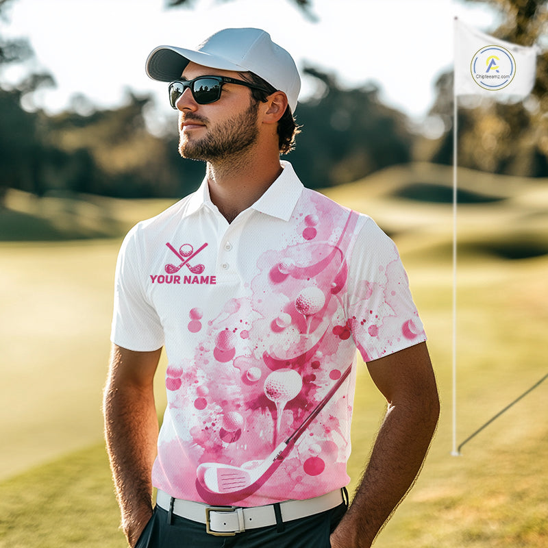 Pink Splatter Golf Ball & Clubs Team Apparel Mens Polo Shirts Custom Golf Shirt For Men NYN3996