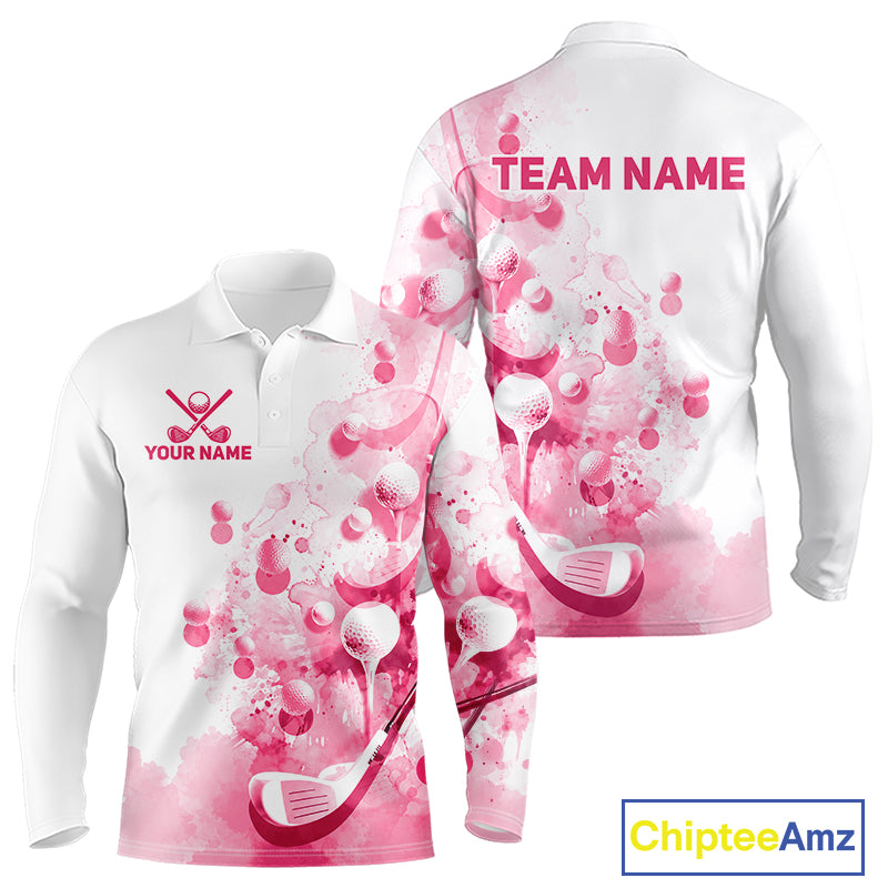 Pink Splatter Golf Ball & Clubs Team Apparel Mens Polo Shirts Custom Golf Shirt For Men NYN3996