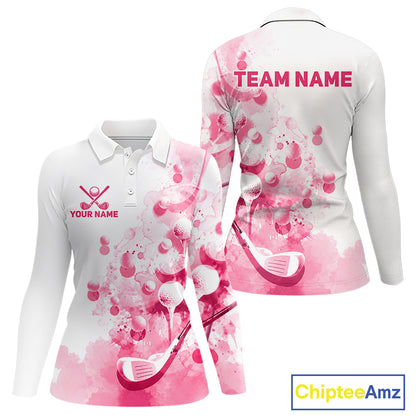 Pink Splatter Golf Ball & Clubs Team Apparel Womens Polo Shirts Custom Golf Shirt For Women NYN3996