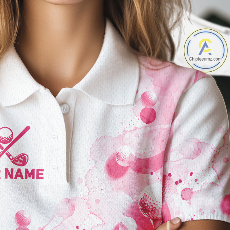 Pink Splatter Golf Ball & Clubs Team Apparel Womens Polo Shirts Custom Golf Shirt For Women NYN3996