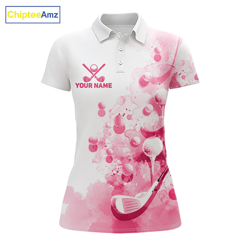 Pink Splatter Golf Ball & Clubs Team Apparel Womens Polo Shirts Custom Golf Shirt For Women NYN3996