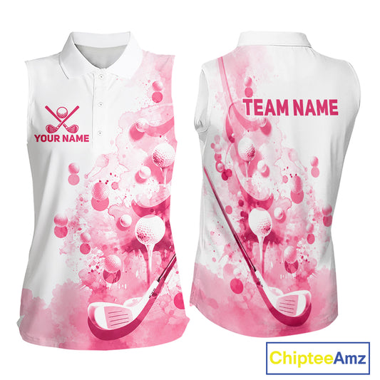 Pink Splatter Golf Ball & Clubs Team Apparel Sleeveless Polo Shirts Custom Golf Shirt For Women NYN3996