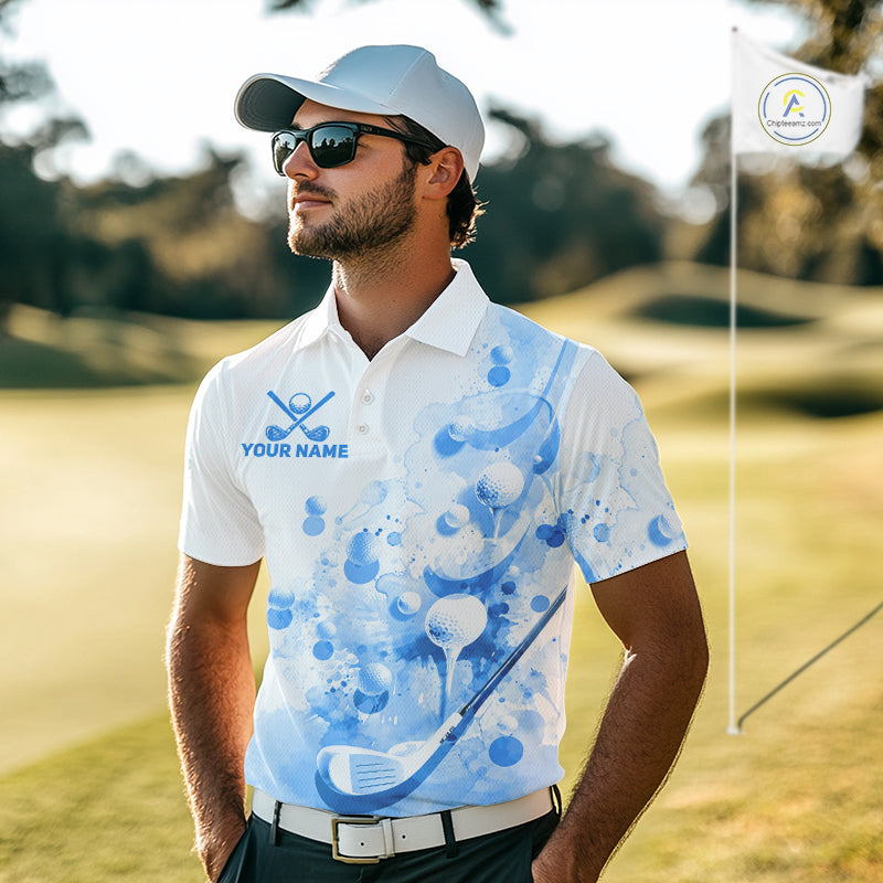 Blue Splatter Golf Ball & Clubs Team Apparel Mens Polo Shirts Custom Golf Shirt For Men NYN3997