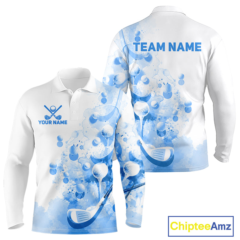 Blue Splatter Golf Ball & Clubs Team Apparel Mens Polo Shirts Custom Golf Shirt For Men NYN3997