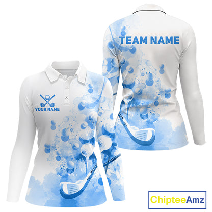 Blue Splatter Golf Ball & Clubs Team Apparel Womens Polo Shirts Custom Golf Shirt For Women NYN3997