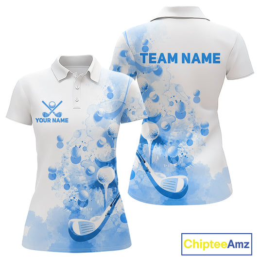 Blue Splatter Golf Ball & Clubs Team Apparel Womens Polo Shirts Custom Golf Shirt For Women NYN3997