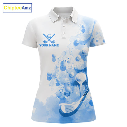 Blue Splatter Golf Ball & Clubs Team Apparel Womens Polo Shirts Custom Golf Shirt For Women NYN3997