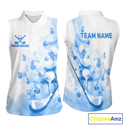 Blue Splatter Golf Ball & Clubs Team Apparel Sleeveless Polo Shirts Custom Golf Shirt For Women NYN3997