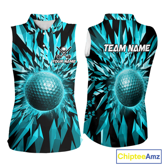Icy Blue Geometric Golf Sleeveless Polo Shirt Customize Golf Gifts For Women Golf Team Attire NYN4005
