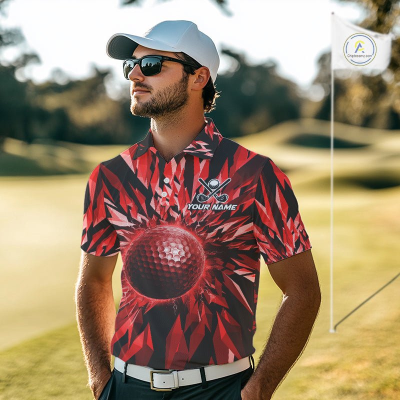 Icy Red Geometric Mens Golf Polo Shirt Customize Golf Gifts For Men Golf Team Attire NYN4006