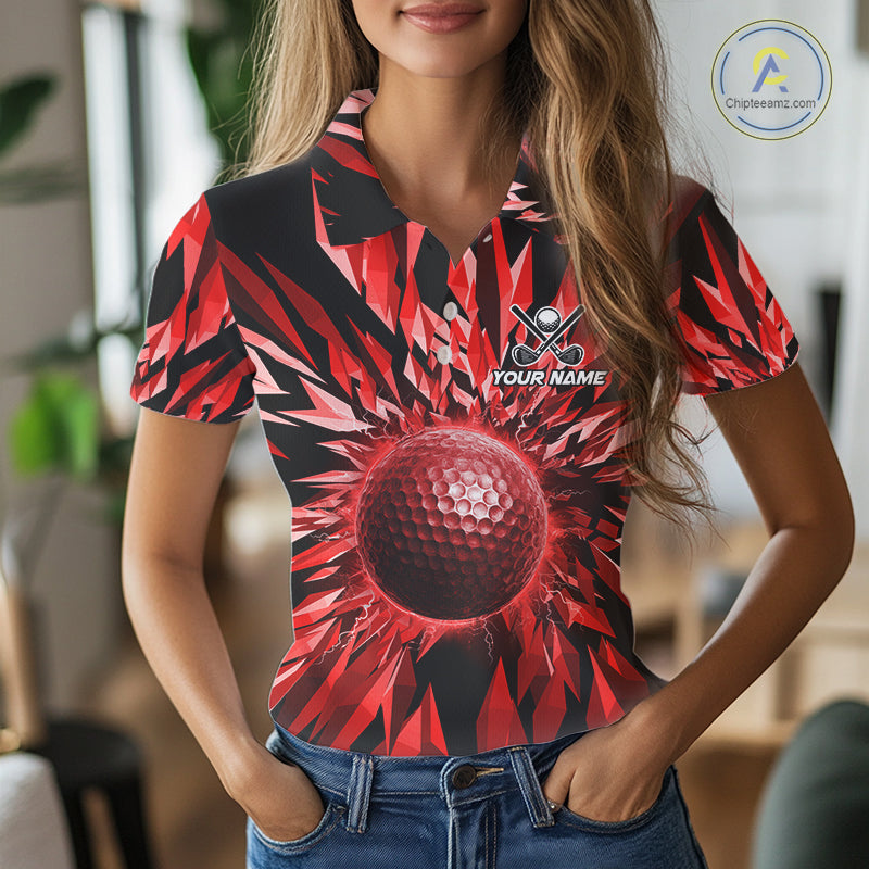 Icy Red Geometric Womens Golf Polo Shirt Customize Golf Gifts For Women Golf Team Attire NYN4006