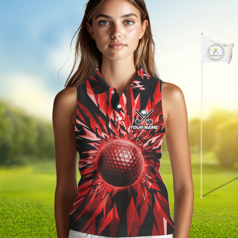 Icy Red Geometric Golf Sleeveless Polo Shirt Customize Golf Gifts For Women Golf Team Attire NYN4006