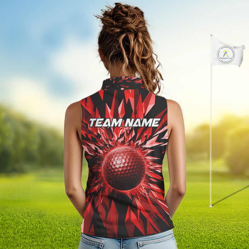 Icy Red Geometric Golf Sleeveless Polo Shirt Customize Golf Gifts For Women Golf Team Attire NYN4006