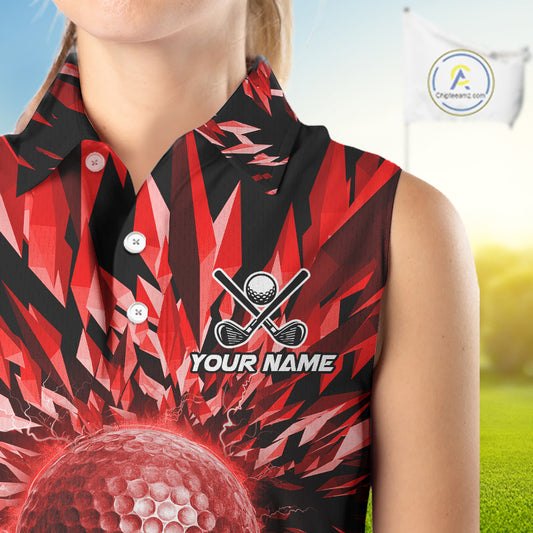 Icy Red Geometric Golf Sleeveless Polo Shirt Customize Golf Gifts For Women Golf Team Attire NYN4006