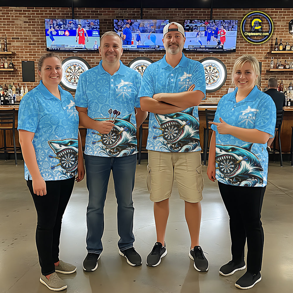 Blue Ferocious Shark Dartboard & Arrow Women Darts 1/4-Zip Shirt Custom Funny Dart League Shirt NYN2647