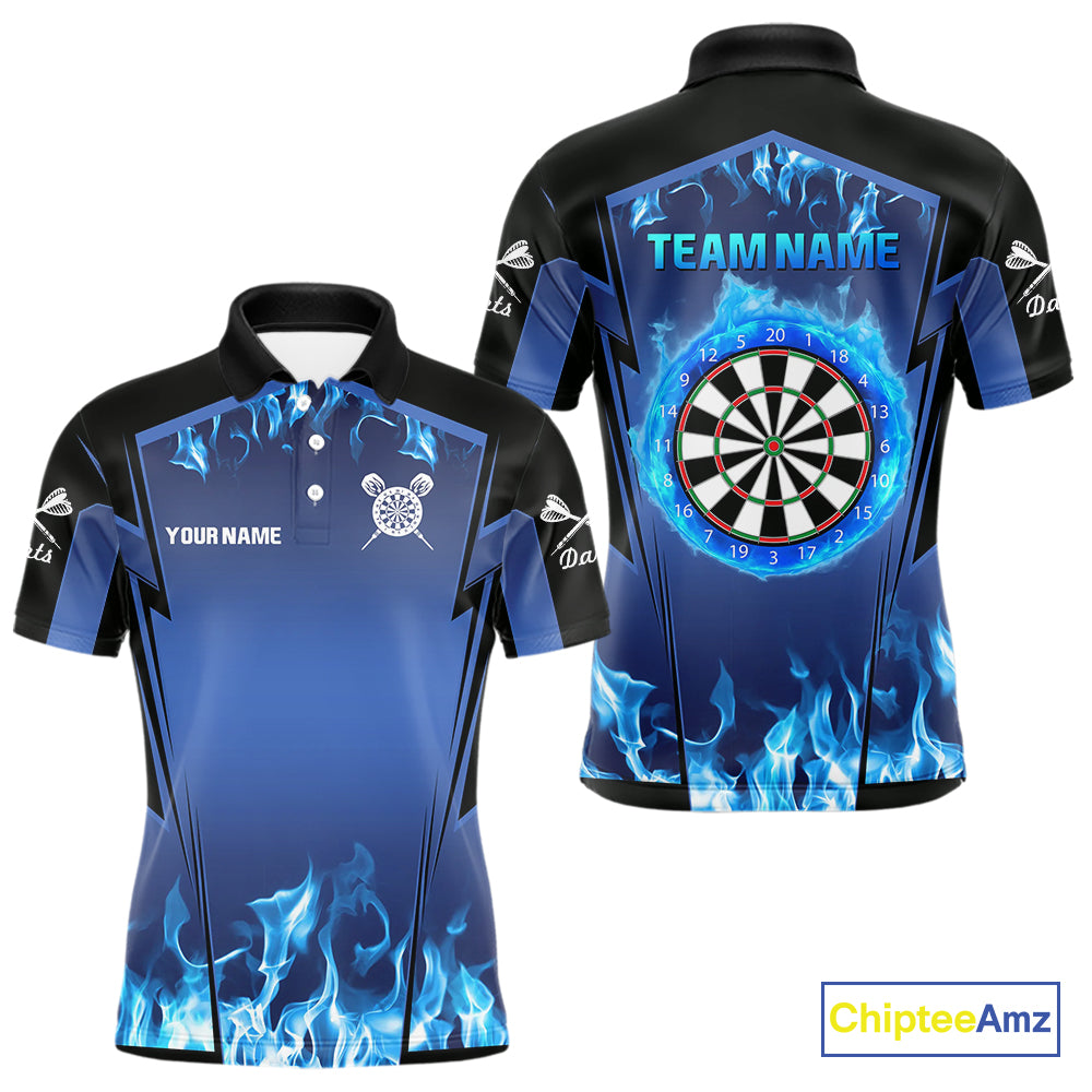 Blue Flaming Dartboard Men's Flaming Darts Shirt - Custom Name For Darts Jersey NYN0481