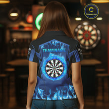 Load image into Gallery viewer, Blue Flaming Dartboard Women's Flaming Darts Shirt - Custom Name For Darts Jersey NYN0481