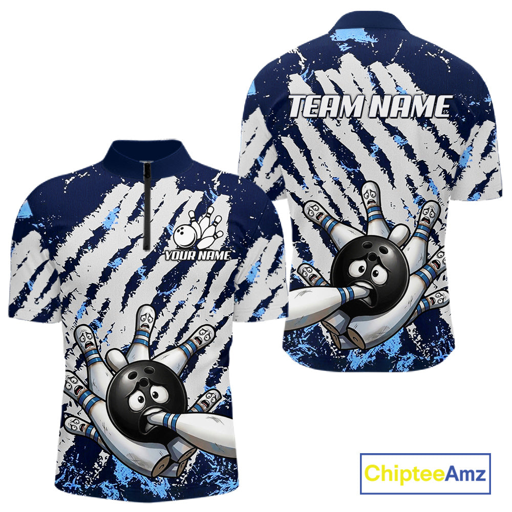 Blue and white grunge bowling ball and pins shirt for men custom bowling team jersey
