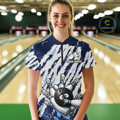 Blue And White Grunge Funny Bowling Ball & Pins Shirts Custom Team Bowling Jerseys For Women NYN3445