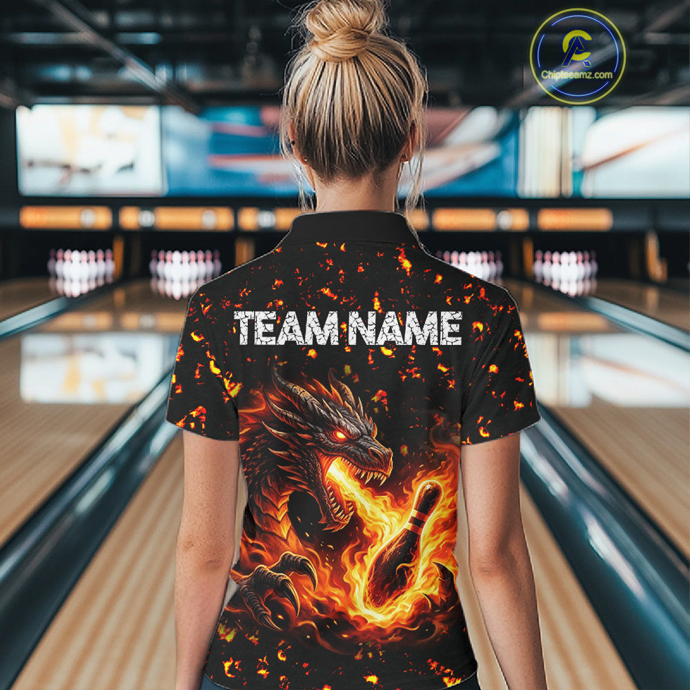 Fire Flame Dragon Bowling Polo Quarter Zip Shirts For Women Custom Team Bowling Jerseys | Red NYN3450