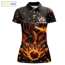 Load image into Gallery viewer, Fire flame dragon bowling polo quarter zip shirt for women red bowling team jersey