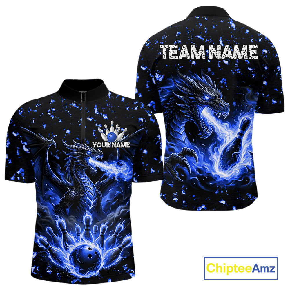 Fire flame dragon bowling polo quarter zip shirt for men blue bowling team jersey