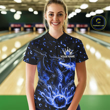 Load image into Gallery viewer, Fire Flame Dragon Bowling Polo Quarter Zip Shirts For Women Custom Team Bowling Jerseys | Blue NYN3451