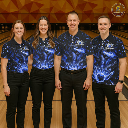 Fire Flame Dragon Bowling Polo Quarter Zip Shirts For Men Custom Team Bowling Jerseys | Blue NYN3451